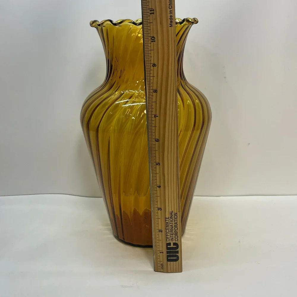 Vintage Amber Glass‎ Optic Swirl Vase Ruffled Rim Mid Century Modern 10.5 Inch